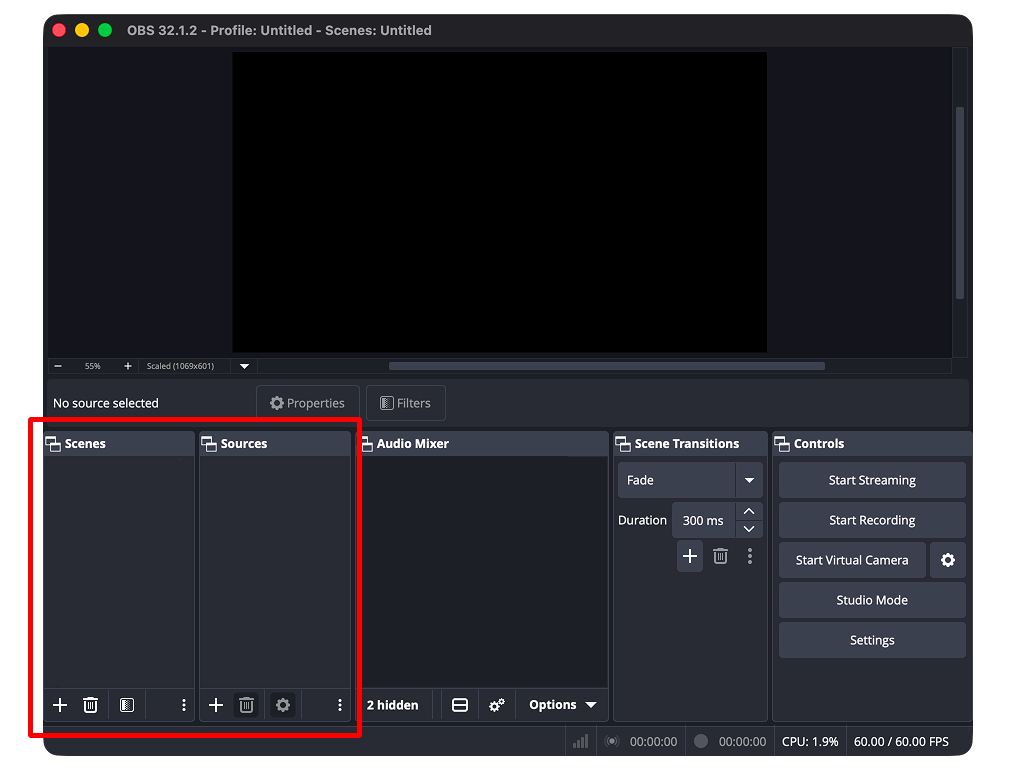 An empty OBS interface, highlighting the Scenes and Sources sections