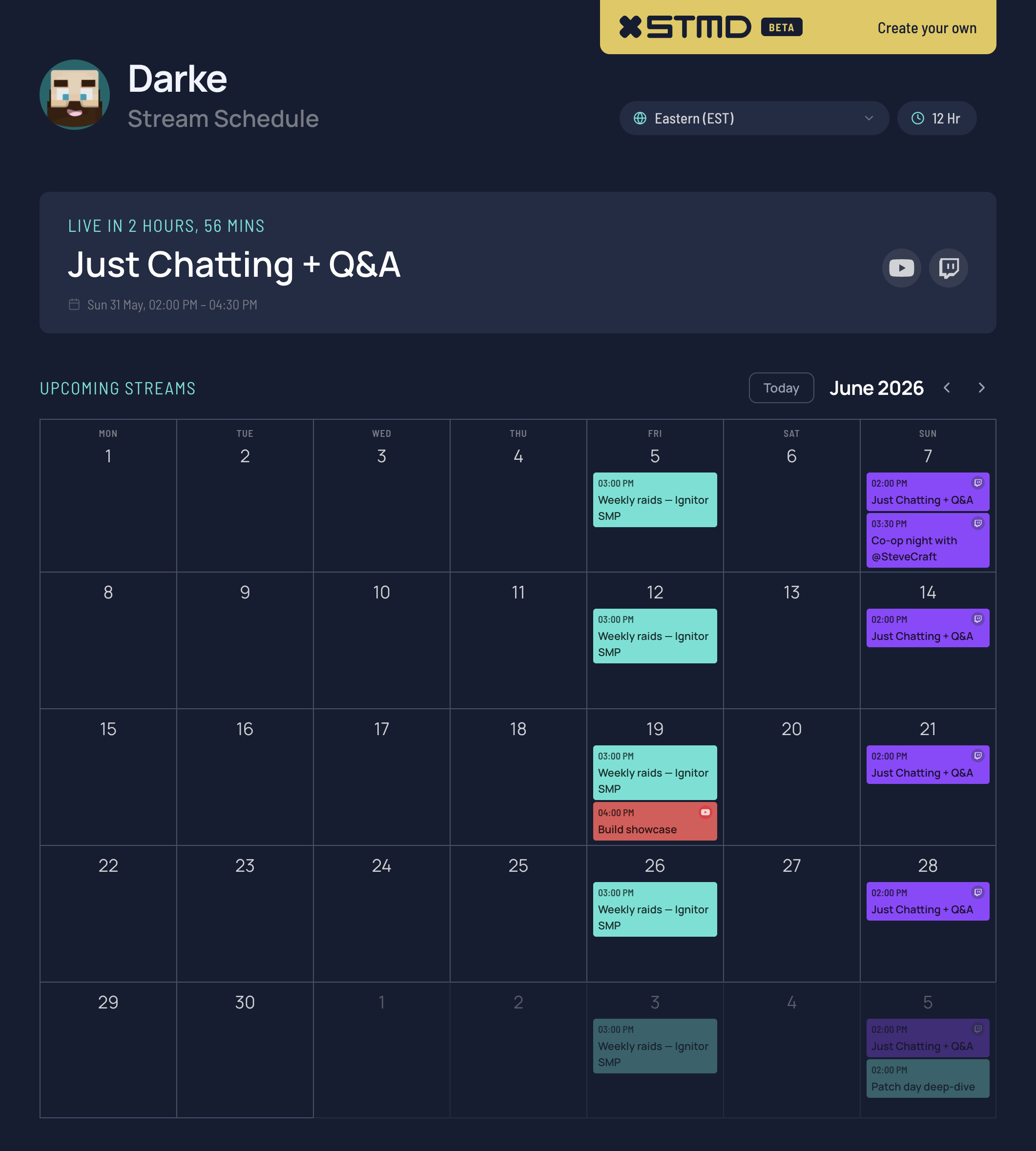 Example Stream Schedule view