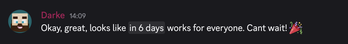 A Discord announcement message showing a full date followed by a live relative countdown reading 'in 3 hours'
