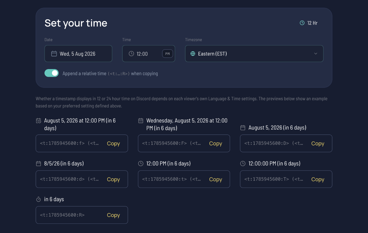 StreamDay's Discord timestamp generator showing the relative style, with the copyable code beside a live 'in 3 hours' preview