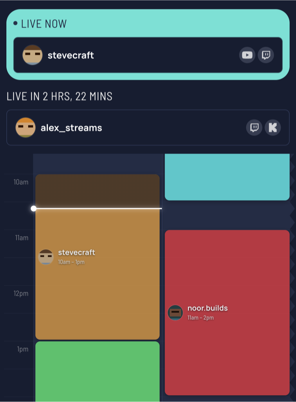 A StreamDay event page highlighting who is live right now and which streamer is up next
