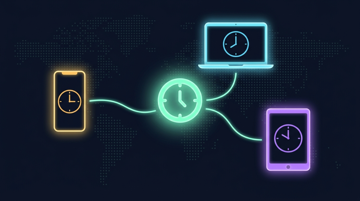 One central time radiating to three devices, each displaying it as a different local clock time