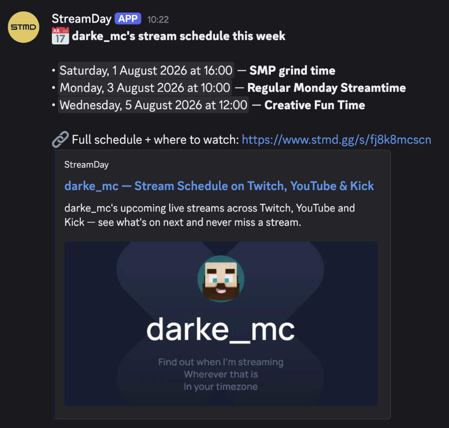 A Discord channel with StreamDay's automatic weekly schedule digest and a go-live reminder, each time rendered as a native Discord timestamp in the reader's local time