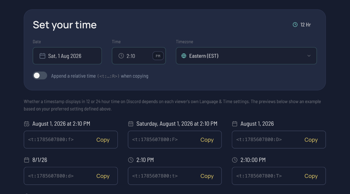 StreamDay's Discord timestamp generator with a date and timezone set, listing each timestamp style beside a live preview and a copy button