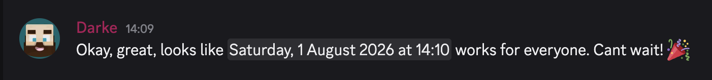 A Discord stream announcement with the timestamp rendered as a formatted local date and time