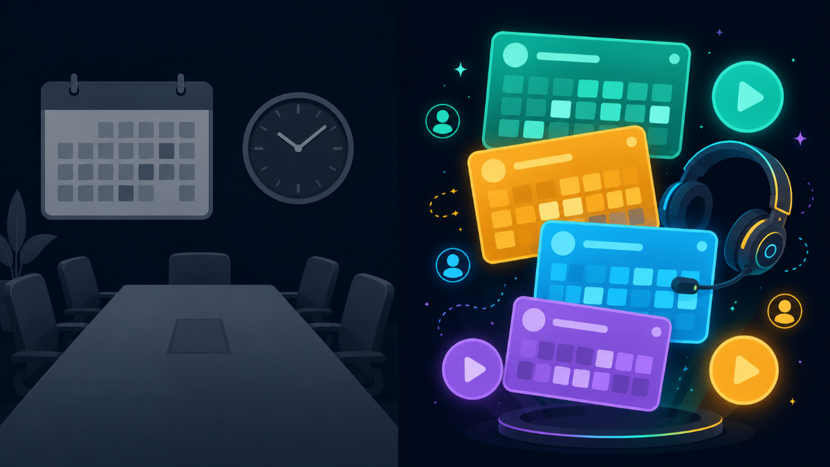 Split illustration contrasting a grey office meeting calendar with a vibrant, glowing streamer schedule