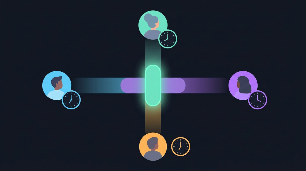 Four streamers in different timezones, their availability bars overlapping in one narrow highlighted window