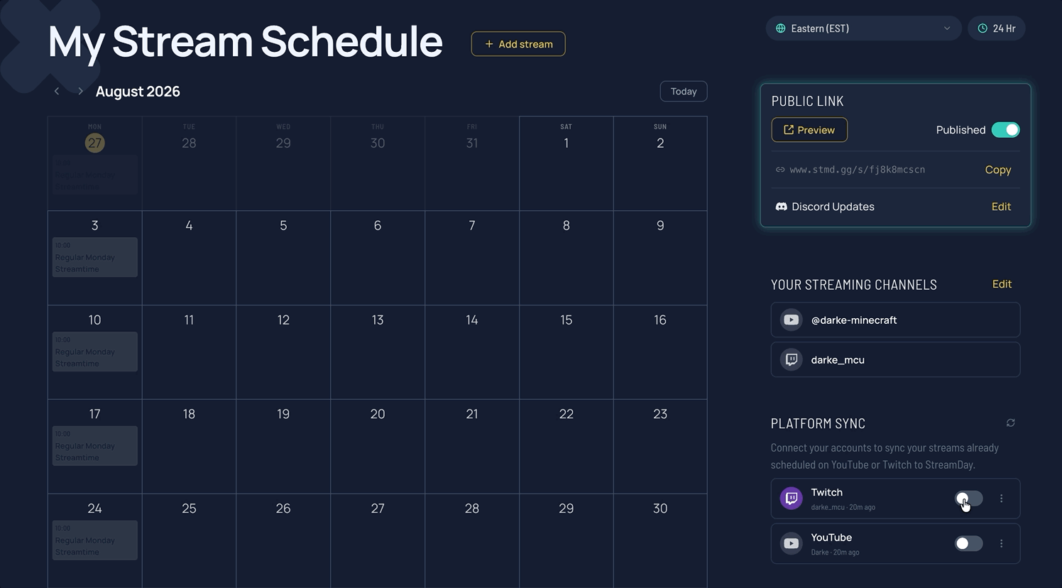 Twitch and YouTube sync toggles switching on in StreamDay, with scheduled streams flowing automatically into the calendar