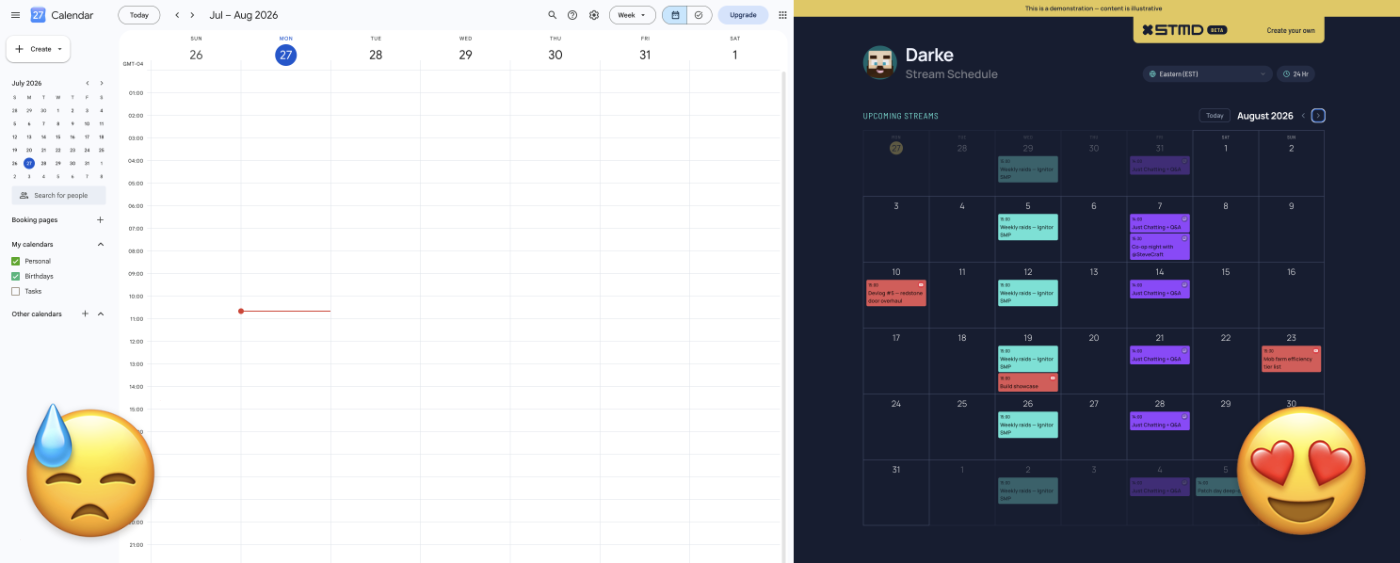 Side-by-side mobile comparison: a cramped public Google Calendar embed next to a StreamDay schedule page with clear stream cards and platform tags