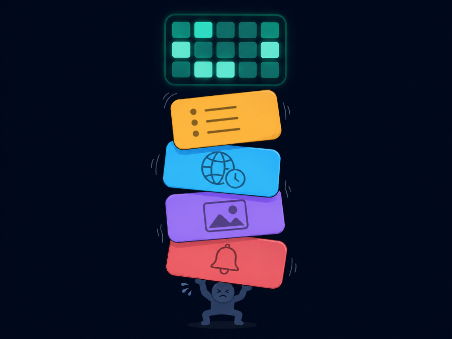 Illustration of task cards for lineups, timezones, graphics and reminders piling on top of a small figure beneath a finished availability heatmap