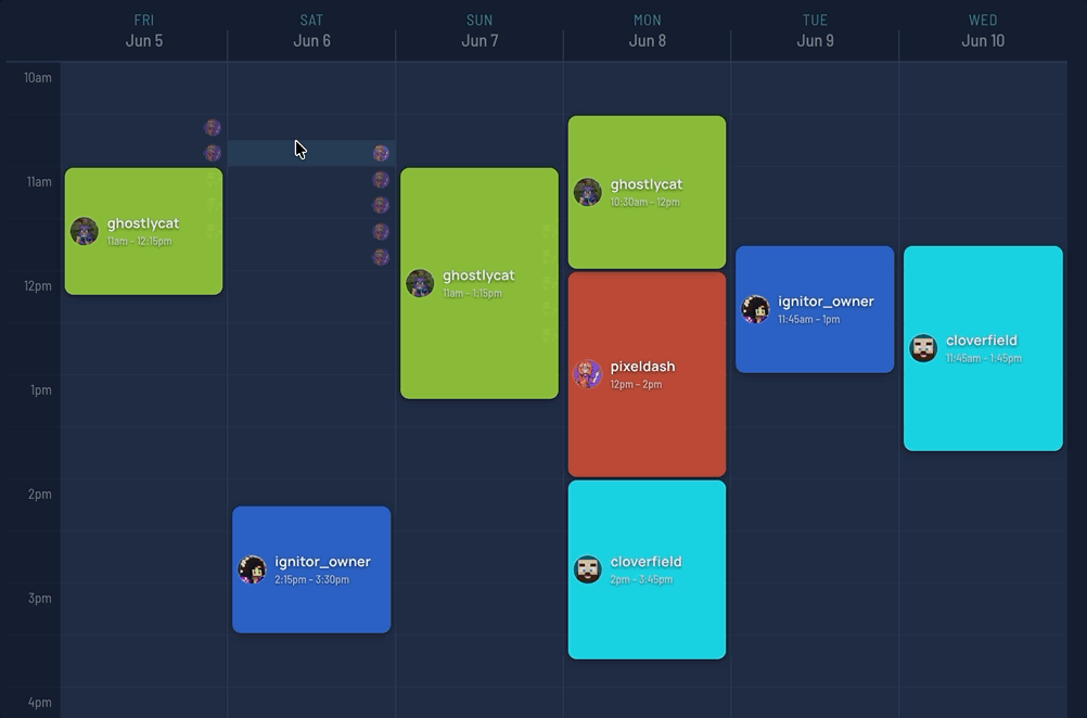 Dragging streamer slots onto an event schedule grid in StreamDay, guided by the availability everyone submitted