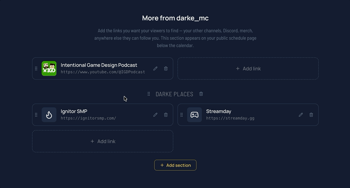 Dragging a link card between sections in StreamDay's link editor, with the surrounding cards shifting to preview where it will land