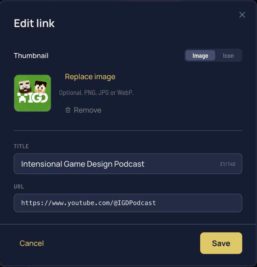 StreamDay's link editor modal with title and URL filled in and the toggle for choosing between an uploaded image and a picked icon