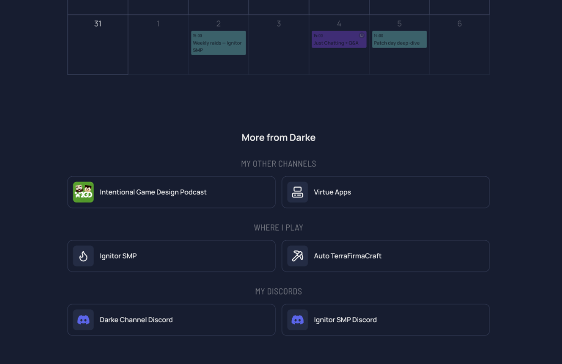 A StreamDay public schedule page showing the stream calendar with the streamer's link collection — channels, Discord, socials — directly beneath it