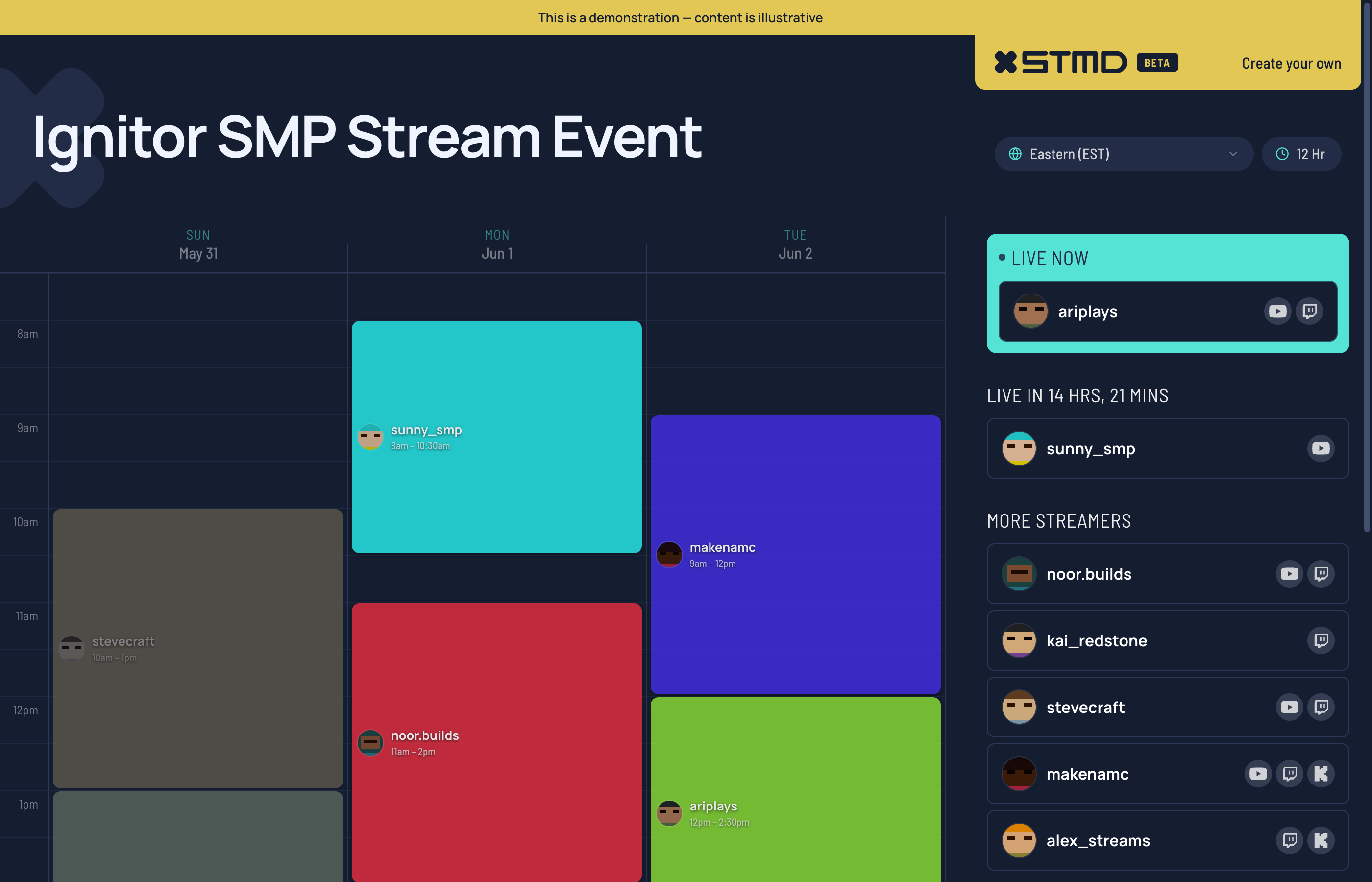 A StreamDay multi-streamer event page showing a three-day schedule grid with streamer-coloured blocks across Sunday, Monday, and Tuesday, plus a right-hand sidebar with a 'LIVE NOW' indicator, a countdown to the next streamer, and a streamer line-up with platform icons.