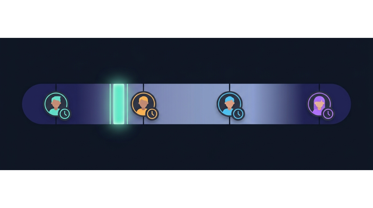 A 24-hour band with four streamers pinned at widely separated local times, and one narrow highlighted window that works for all of them