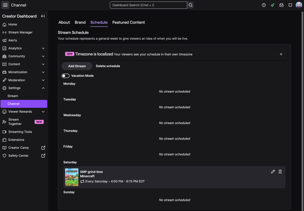 The Twitch Creator Dashboard schedule page in calendar view, with the button for adding a scheduled stream