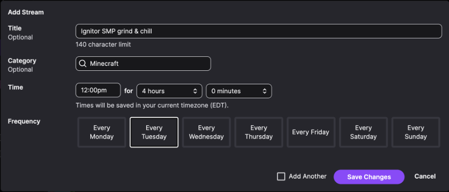 The Twitch scheduled-stream dialog with the repeat option enabled and a weekly recurrence selected