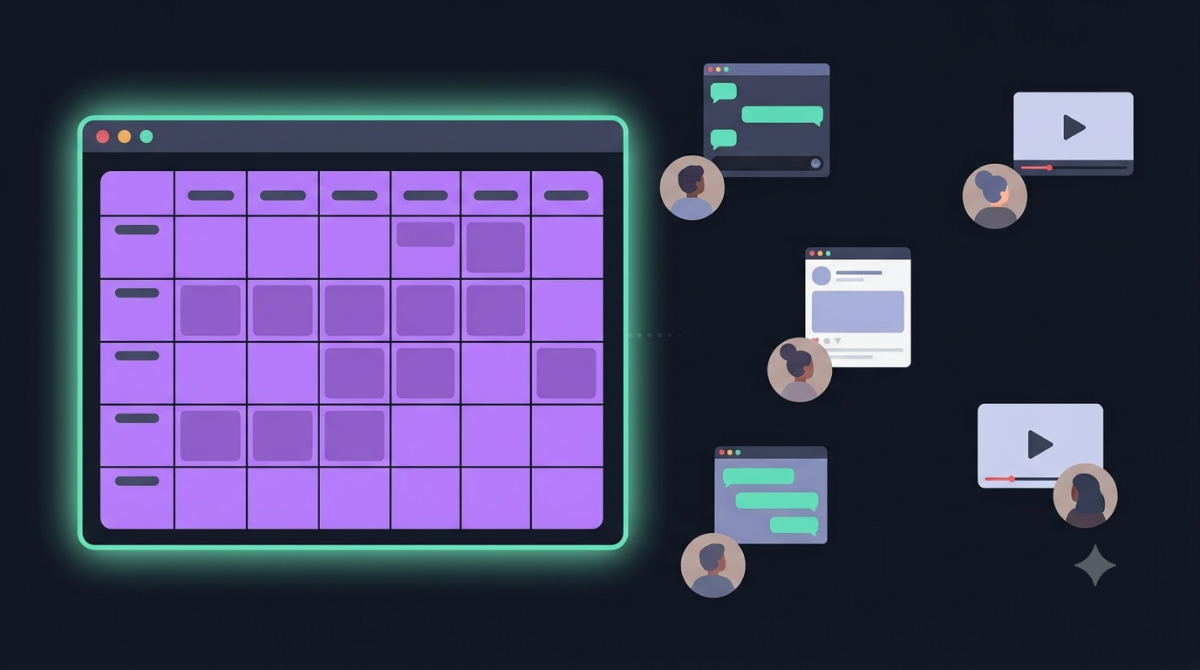 A Twitch schedule panel glowing on a channel page while scattered viewers look at other apps and feeds, connecting lines fading before they reach them