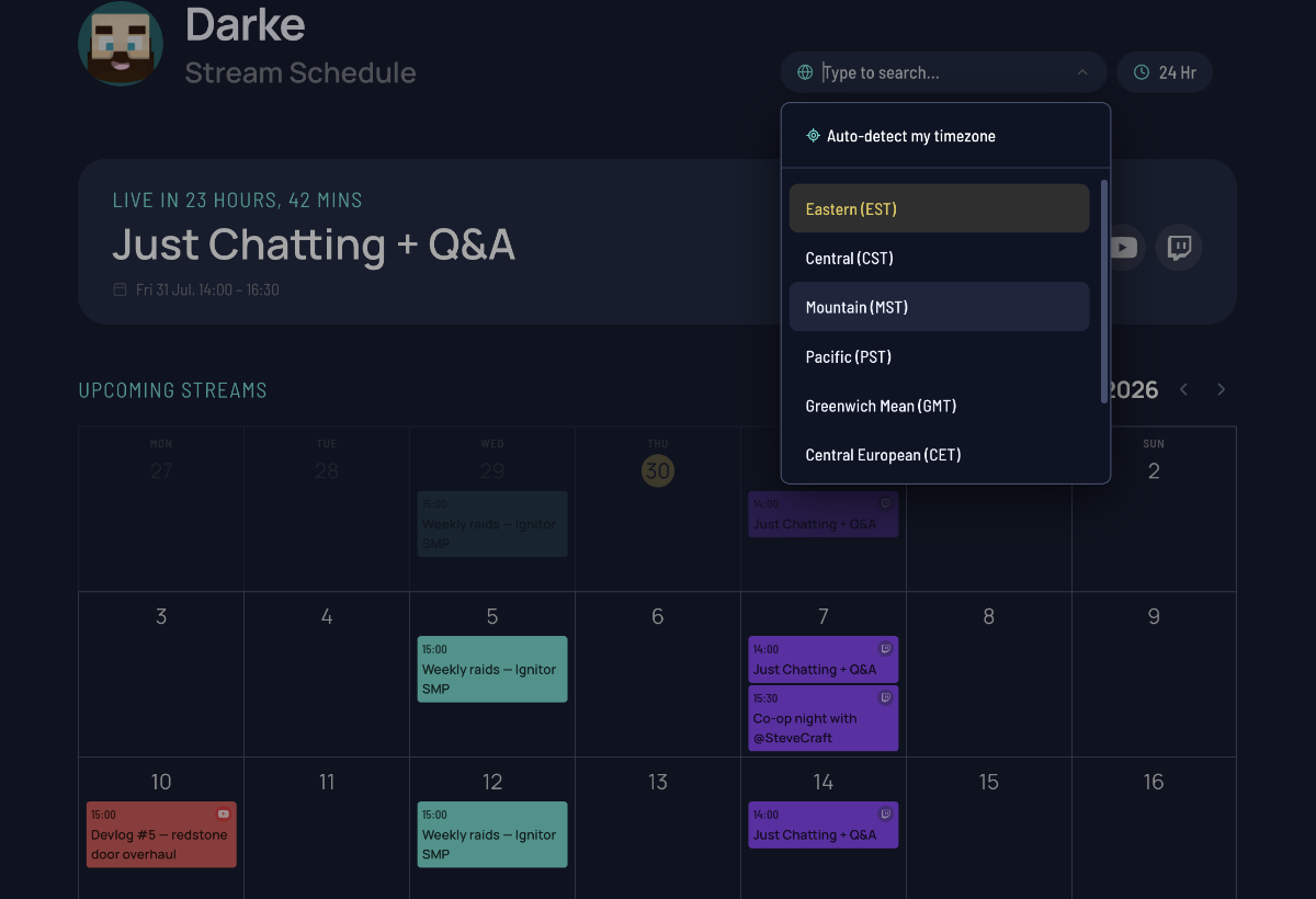 The top of a StreamDay public schedule page showing the streamer's channel badges, a viewer timezone selector, and a card highlighting the next stream