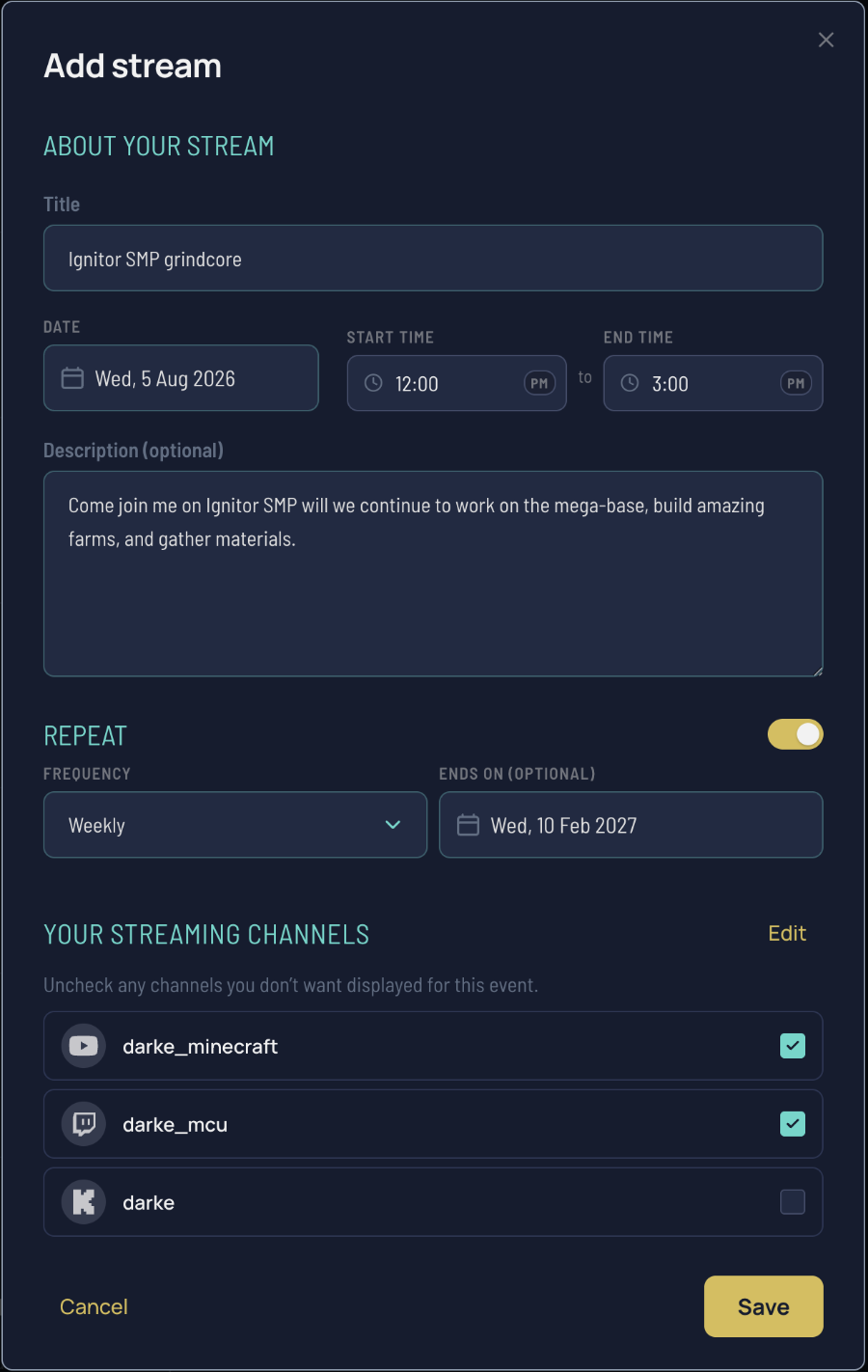 StreamDay's event editor with a weekly recurrence configured for a standing stream slot