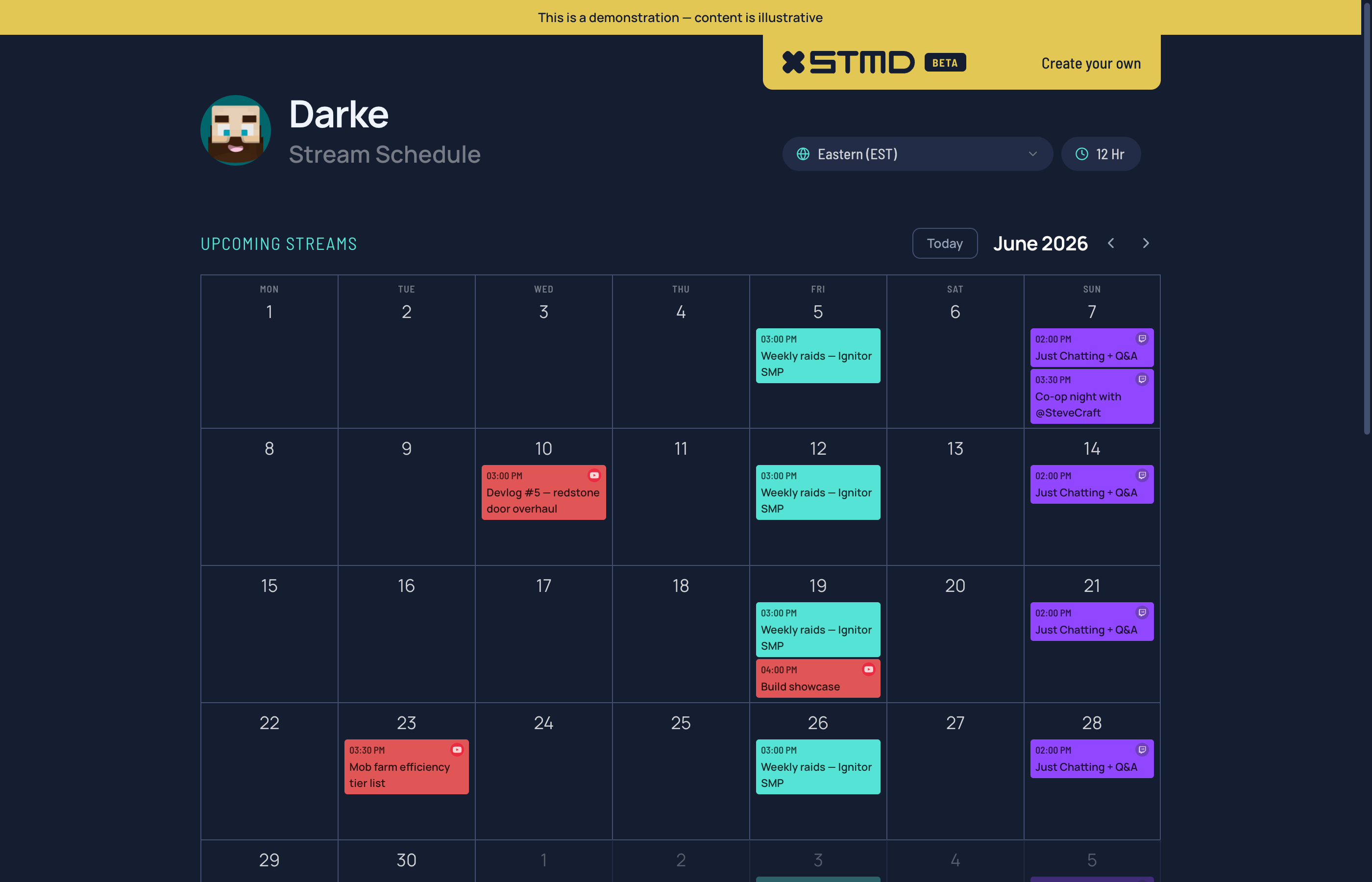 A StreamDay public schedule page in month view showing five weeks of June 2026 with streams colour-coded by source platform — teal native StreamDay events, purple Twitch streams, and red YouTube broadcasts — alongside the streamer's avatar, timezone selector, and 'STMD' yellow brand header.