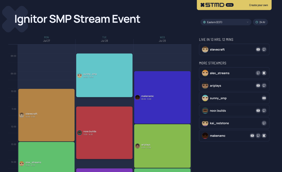 A published StreamDay event page showing the multi-streamer lineup, a live-now highlight on the current streamer, and times in the viewer's local timezone