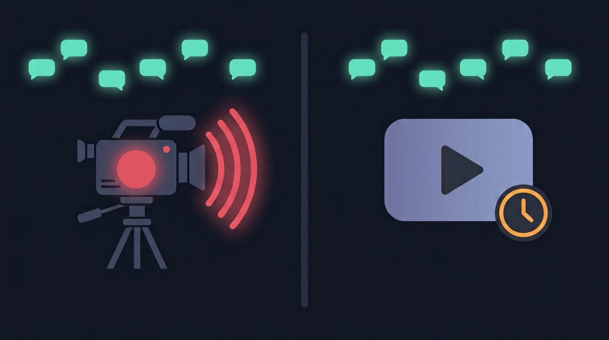 Split illustration: a live camera broadcasting with chat alongside, versus a pre-recorded video with a scheduled clock and the same chat