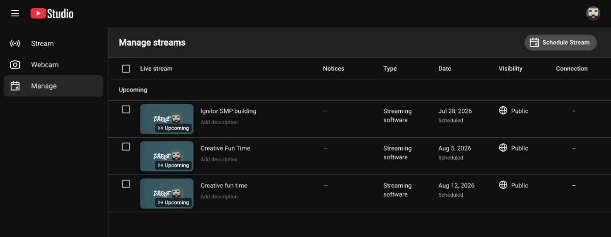 YouTube Studio's Live Control Room on the Manage tab, with the button for scheduling a new stream