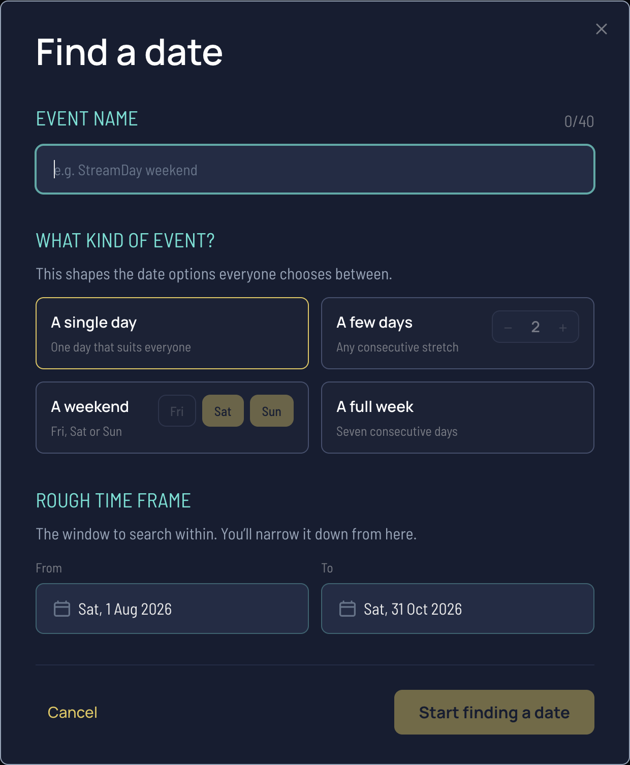 Setting up the 'find a date' event