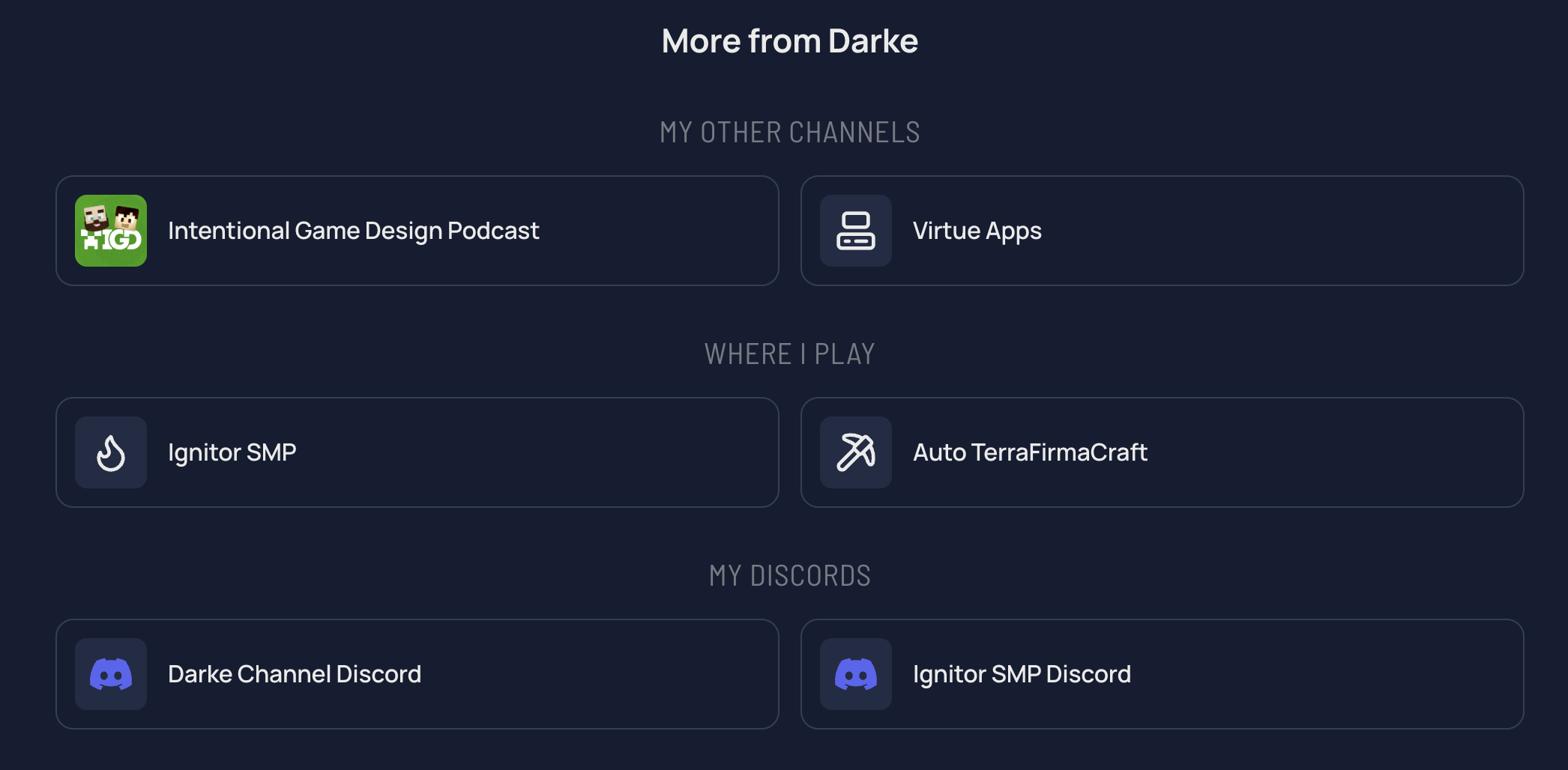 A 'More from me' section on a StreamDay schedule page, with three groups — Other channels, Where I play, and My Discords — each containing a couple of link cards.